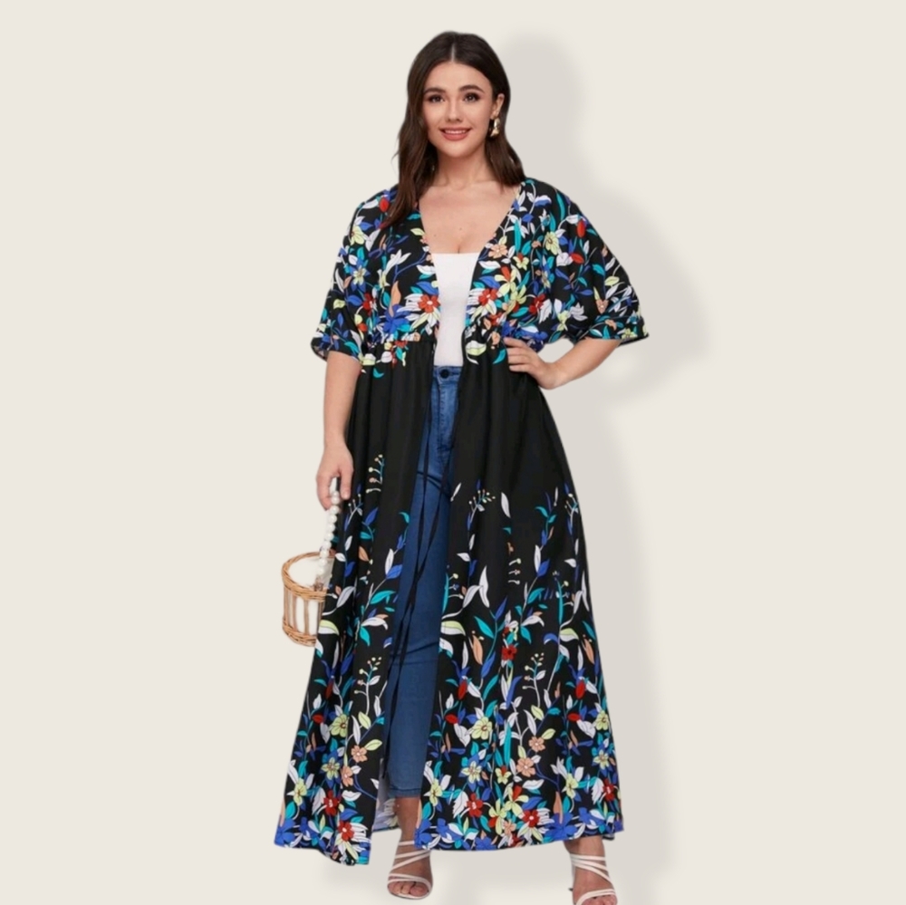SHEIN Black Floral Kimono Cardigan